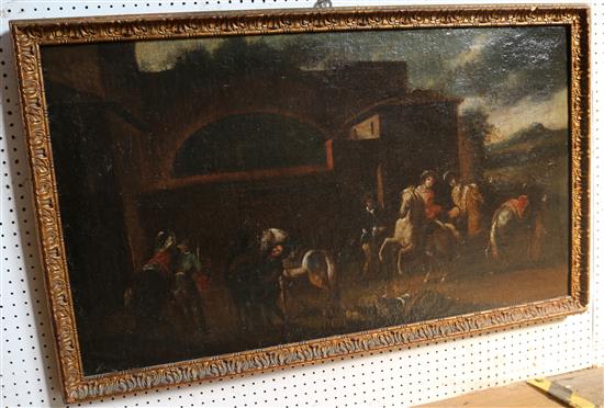 17th century oil,  Genoese School Horse riders beside a villa(-)